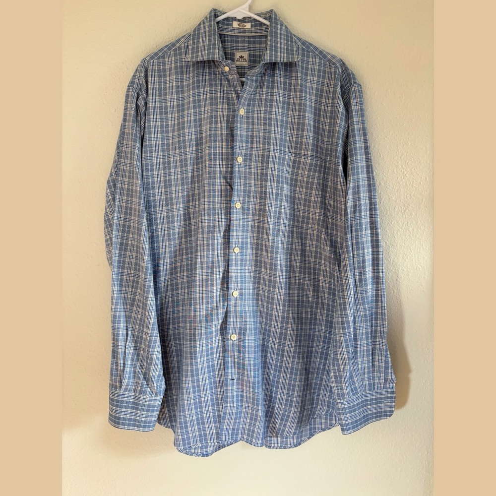 Peter Millar Men’s Dress Shirt Size Large, Blue, Tan, White Plaid
